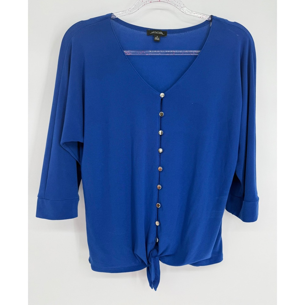 Notation Royal Blue Tie‎ Front Button Up V-Neck Blouse 3/4 Sleeve Sz S